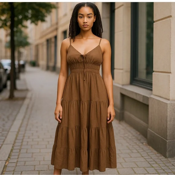 Alter'd StateDress  Womens Large Mocha‎ Sleeveless Tiered Cami Maxi Beach Boho - Picture 2 of 10